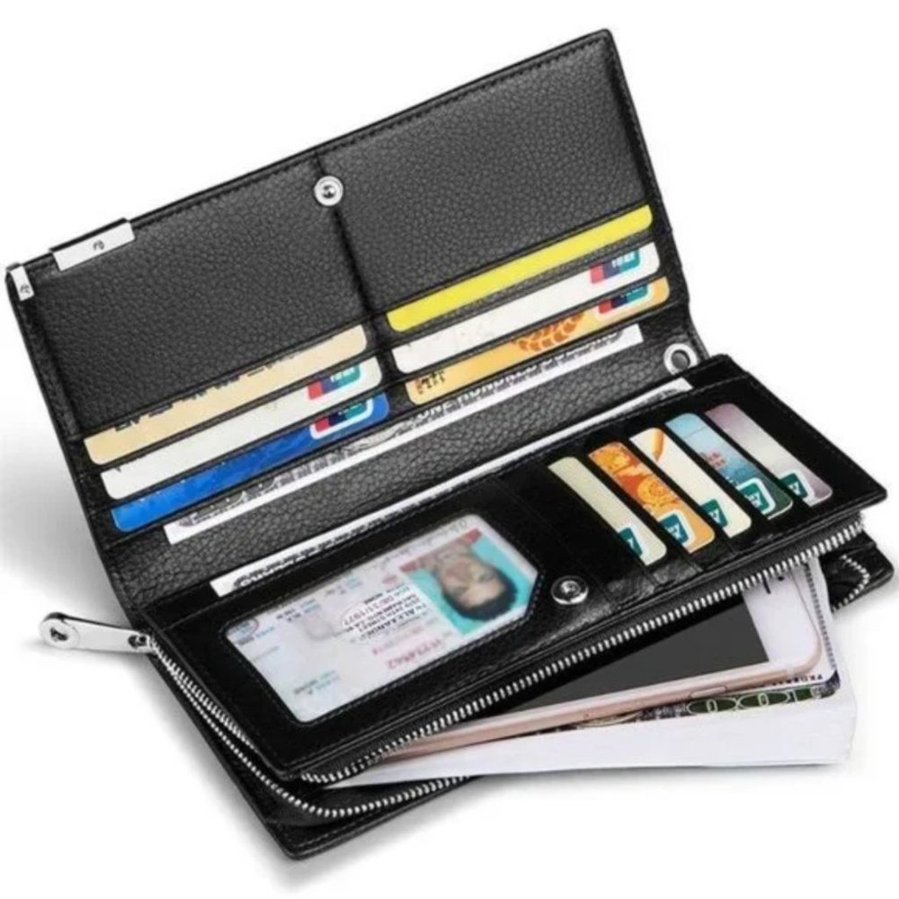 New Long Black Leather Wallet for Men Zippered Leather Wallet RFID - Picture 7 of 12